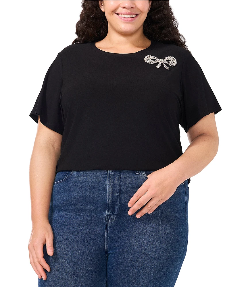 CeCe Plus Size Crepe Knit Crew Neck Short Sleeve Embellished Bow Top