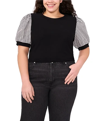 CeCe Plus Size Crepe Knit Round Neck Gingham Puff Sleeve Top