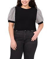 CeCe Plus Size Crepe Knit Round Neck Gingham Puff Sleeve Top