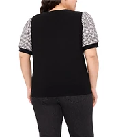 CeCe Plus Size Crepe Knit Round Neck Gingham Puff Sleeve Top