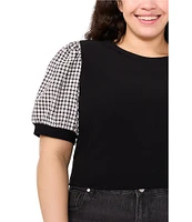 CeCe Plus Size Crepe Knit Round Neck Gingham Puff Sleeve Top