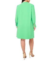 CeCe Plus Size Crepe V-Neck Cuffed Long Cuffed Sleeves Tie Shift Dress
