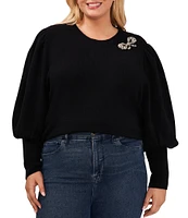 CeCe Plus Size Crew Neck Long Sleeve Rhinestone Bow Jersey Knit Sweater