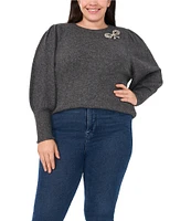 CeCe Plus Size Crew Neck Long Sleeve Rhinestone Bow Jersey Knit Sweater