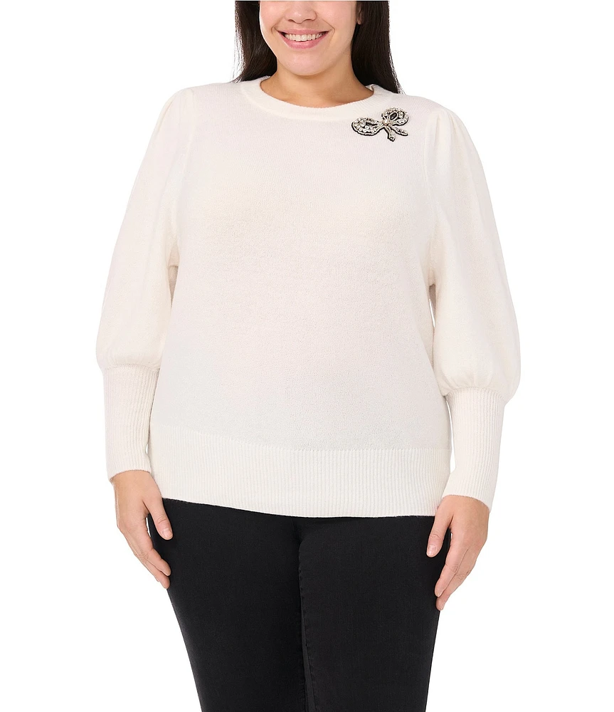 CeCe Plus Size Crew Neck Long Sleeve Rhinestone Bow Jersey Knit Sweater