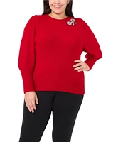 CeCe Plus Size Crew Neck Long Sleeve Rhinestone Bow Jersey Knit Sweater