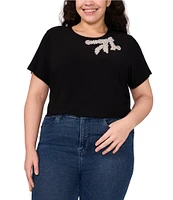 CeCe Plus Size Crew Neck Short Sleeve Rhinestone Bow Blouse