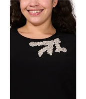 CeCe Plus Size Crew Neck Short Sleeve Rhinestone Bow Blouse