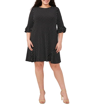 CeCe Plus Size Dotted Print Crew Neck 3/4 Sleeve Ruffled Hem Knit Shift Dress