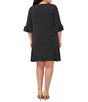 CeCe Plus Size Dotted Print Crew Neck 3/4 Sleeve Ruffled Hem Knit Shift Dress
