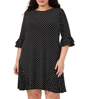 CeCe Plus Size Dotted Print Crew Neck 3/4 Sleeve Ruffled Hem Knit Shift Dress