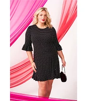 CeCe Plus Size Dotted Print Crew Neck 3/4 Sleeve Ruffled Hem Knit Shift Dress