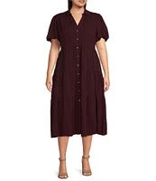 CeCe Plus Size Drapey Gauze Point Collar V Neck Short Puff Sleeve Button Front Tiered Midi A-Line Shirt Dress