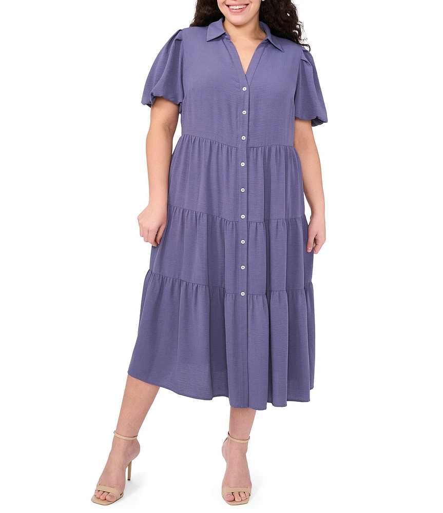 CeCe Plus Size Drapey Gauze Point Collar V Neck Short Puff Sleeve Button Front Tiered Midi A-Line Shirt Dress