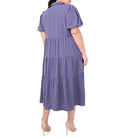 CeCe Plus Size Drapey Gauze Point Collar V Neck Short Puff Sleeve Button Front Tiered Midi A-Line Shirt Dress