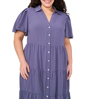 CeCe Plus Size Drapey Gauze Point Collar V Neck Short Puff Sleeve Button Front Tiered Midi A-Line Shirt Dress