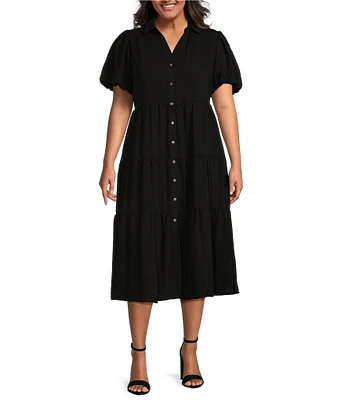 CeCe Plus Size Drapey Gauze Point Collar V Neck Short Puff Sleeve Button Front Tiered Midi A-Line Shirt Dress