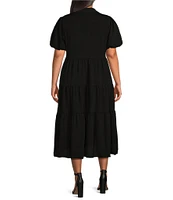 CeCe Plus Size Drapey Gauze Point Collar V Neck Short Puff Sleeve Button Front Tiered Midi A-Line Shirt Dress