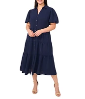 CeCe Plus Size Drapey Gauze Point Collar V Neck Short Puff Sleeve Button Front Tiered Midi A-Line Shirt Dress