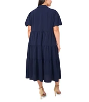CeCe Plus Size Drapey Gauze Point Collar V Neck Short Puff Sleeve Button Front Tiered Midi A-Line Shirt Dress