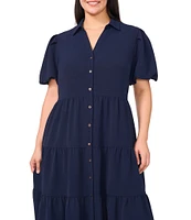 CeCe Plus Size Drapey Gauze Point Collar V Neck Short Puff Sleeve Button Front Tiered Midi A-Line Shirt Dress