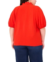 CeCe Plus Size Drapey Gauze Ruffled Split V-Neck Short Puffed Sleeve Blouse