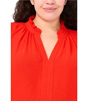 CeCe Plus Size Drapey Gauze Ruffled Split V-Neck Short Puffed Sleeve Blouse