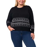 CeCe Plus Size Fair Isle Jersey Knit Crew Neck Dropped Long Sleeve Pullover Sweater