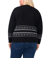 CeCe Plus Size Fair Isle Jersey Knit Crew Neck Dropped Long Sleeve Pullover Sweater