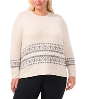 CeCe Plus Size Fair Isle Jersey Knit Crew Neck Dropped Long Sleeve Pullover Sweater