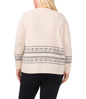 CeCe Plus Size Fair Isle Jersey Knit Crew Neck Dropped Long Sleeve Pullover Sweater