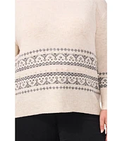 CeCe Plus Size Fair Isle Jersey Knit Crew Neck Dropped Long Sleeve Pullover Sweater