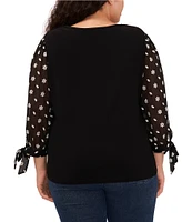 CeCe Plus Size Floral Embroidered 3/4 Tie Sleeve Crew Neck Knit Top