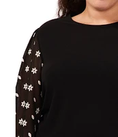 CeCe Plus Size Floral Embroidered 3/4 Tie Sleeve Crew Neck Knit Top