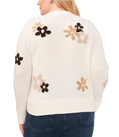 CeCe Plus Size Floral Intarsia Long Sleeve Crew Neck Sweater