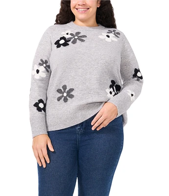 CeCe Plus Size Floral Intarsia Long Sleeve Crew Neck Sweater