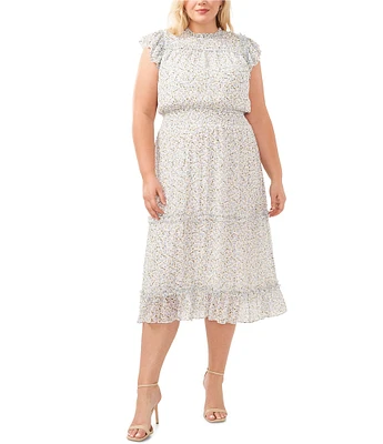 CeCe Plus Size Floral Print Flutter Cap Sleeve Ruffle Crew Neck Smocked Waist Tiered A-Line Midi Dress