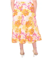 CeCe Plus Size Floral Print High Rise Midi A-Line Skirt