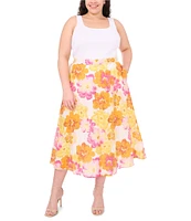 CeCe Plus Size Floral Print High Rise Midi A-Line Skirt