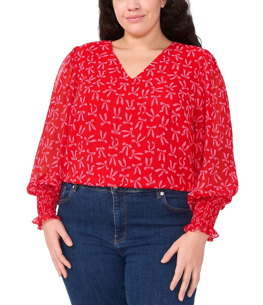 CeCe Plus Size Gauze Chiffon Bow Print V-Neck Long Sleeve Smocked Ruffle Cuff Blouse