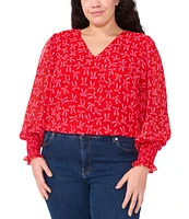 CeCe Plus Size Gauze Chiffon Bow Print V-Neck Long Sleeve Smocked Ruffle Cuff Blouse