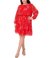 CeCe Plus Size Gauze Chiffon Floral Print Crew Neck Long Sleeve Smocked Tiered A-Line Dress