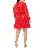 CeCe Plus Size Gauze Chiffon Floral Print Crew Neck Long Sleeve Smocked Tiered A-Line Dress