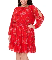 CeCe Plus Size Gauze Chiffon Floral Print Crew Neck Long Sleeve Smocked Tiered A-Line Dress