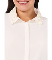 CeCe Plus Size Georgette Floral 3D Applique Pointed Collar Long Sleeve Hidden Button Front Blouse