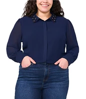 CeCe Plus Size Georgette Floral 3D Applique Pointed Collar Long Sleeve Hidden Button Front Blouse