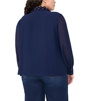 CeCe Plus Size Georgette Floral 3D Applique Pointed Collar Long Sleeve Hidden Button Front Blouse