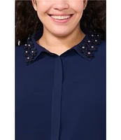 CeCe Plus Size Georgette Floral 3D Applique Pointed Collar Long Sleeve Hidden Button Front Blouse