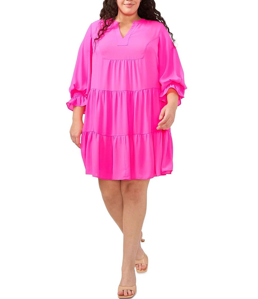 CeCe Plus Size Georgette Split V-Neck Long Sleeve Tiered Babydoll Mini Dress