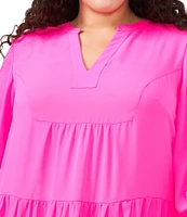 CeCe Plus Size Georgette Split V-Neck Long Sleeve Tiered Babydoll Mini Dress